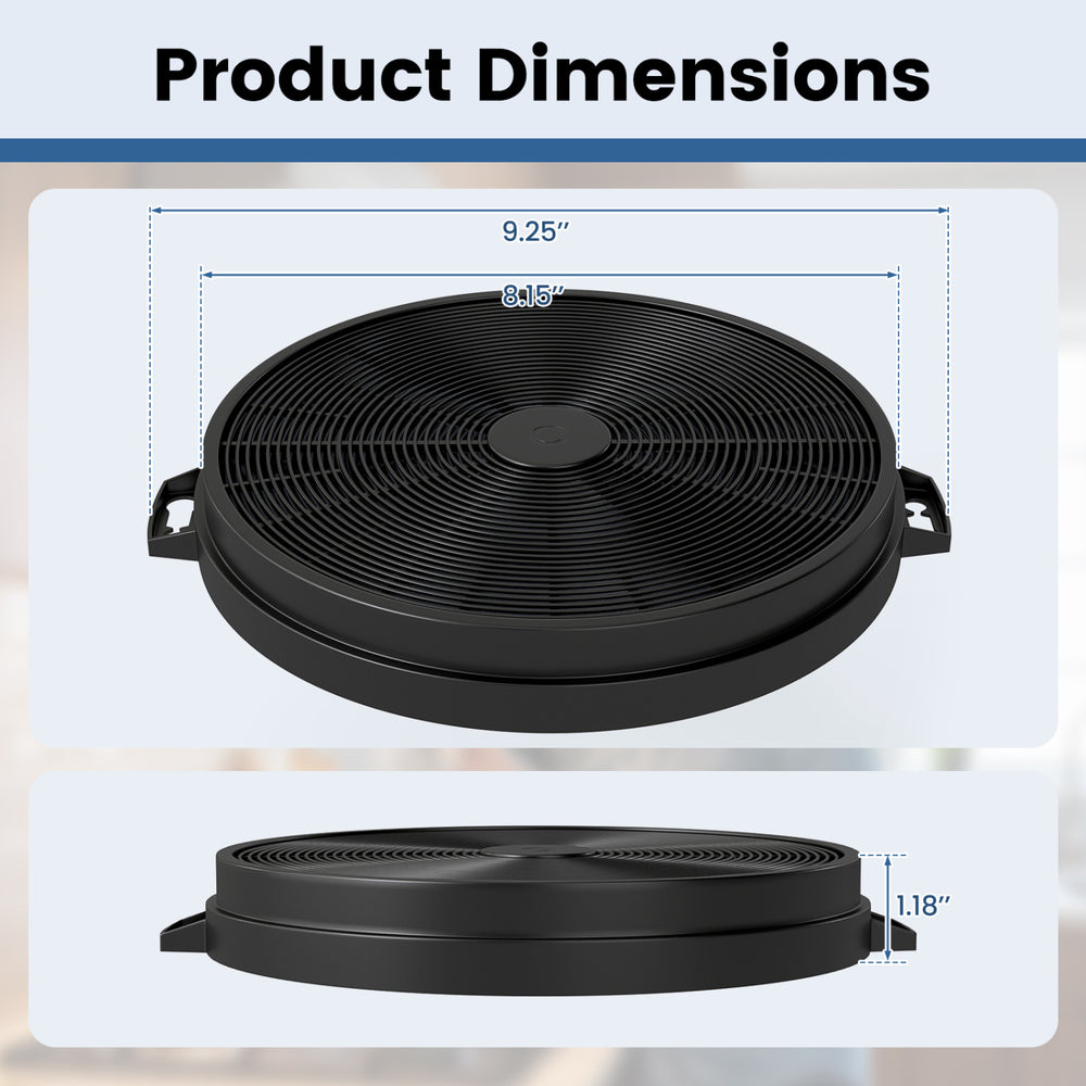 Activated carbon filter dimensions of 9.25" diameter and 1.18" height for ductless range hoods, ensuring effective smoke filtration.