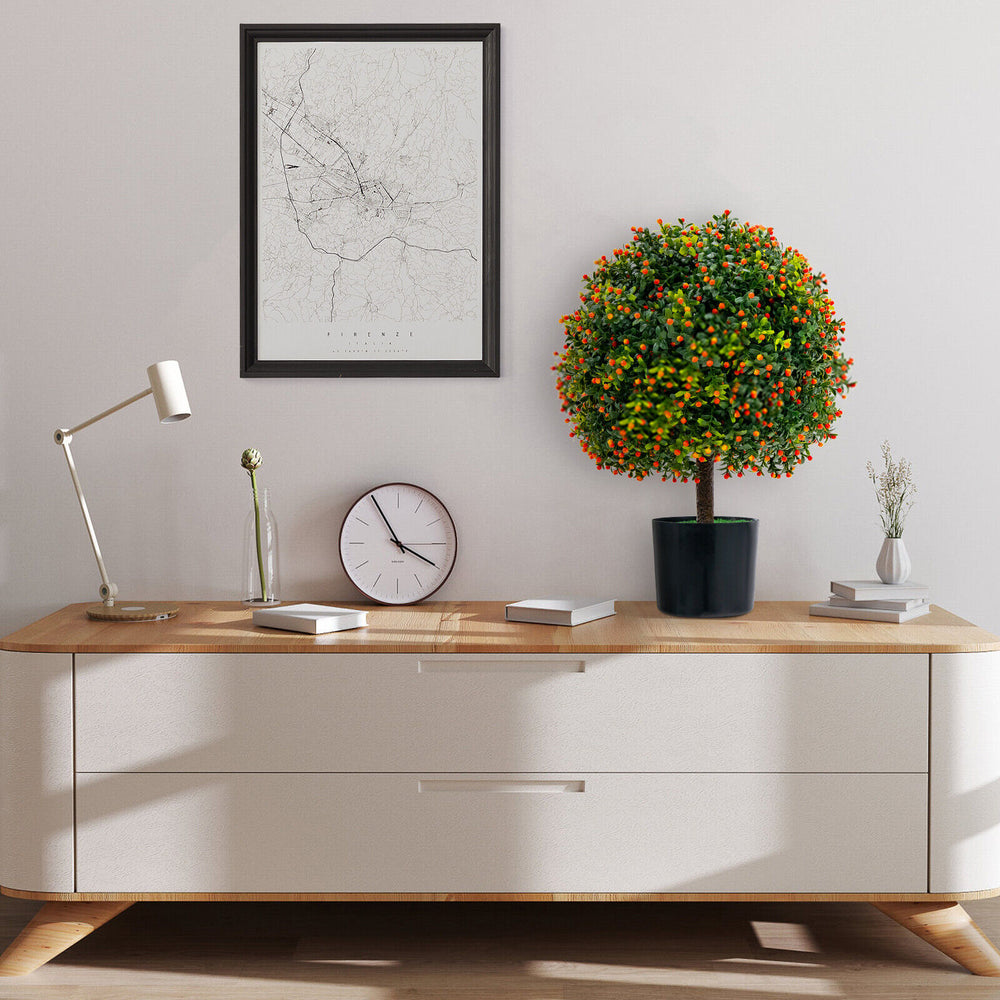 Artificial boxwood topiary ball tree with orange fruit in a cement pot, perfect for home decoration and vibrant.