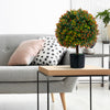 Artificial boxwood topiary ball tree with orange fruit in a cement pot, perfect for home decoration and low maintenance.