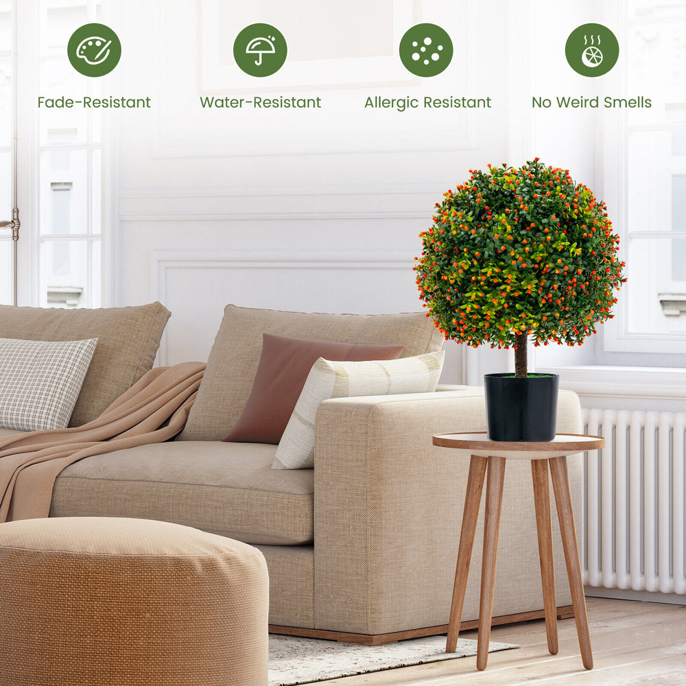 Artificial boxwood topiary ball tree with orange fruit, fade-resistant and water-resistant, perfect for home decoration.