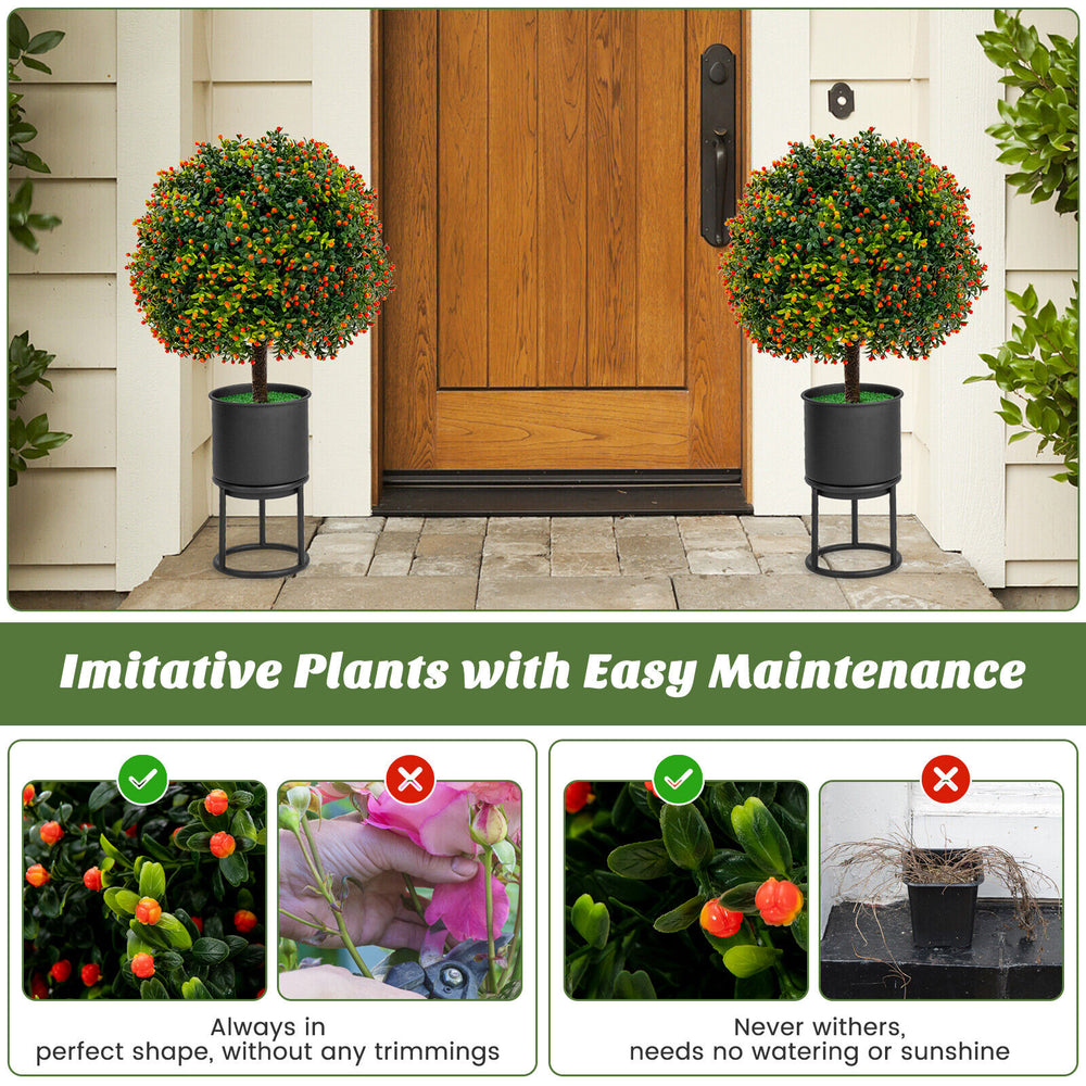 2-pack artificial boxwood topiary ball trees with orange fruit in cement-filled pots, perfect for home decoration.