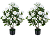 Two artificial camellia trees with white flowers in cement-filled pots, perfect for indoor or outdoor decoration.