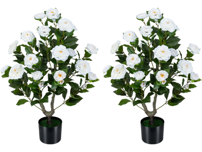 Costway 2-Pack Artificial Camellia Tree Faux Flower Plant Cement-Filled Pot 96346400 New
