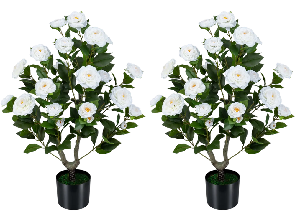 Two artificial camellia trees with white flowers in cement-filled pots, perfect for indoor or outdoor decoration.