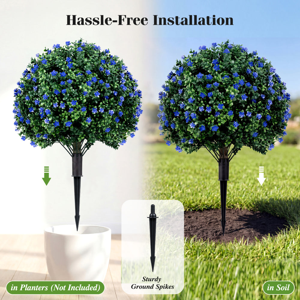 Artificial camellia boxwood topiary ball tree with purple flowers, featuring sturdy ground spikes for easy outdoor.