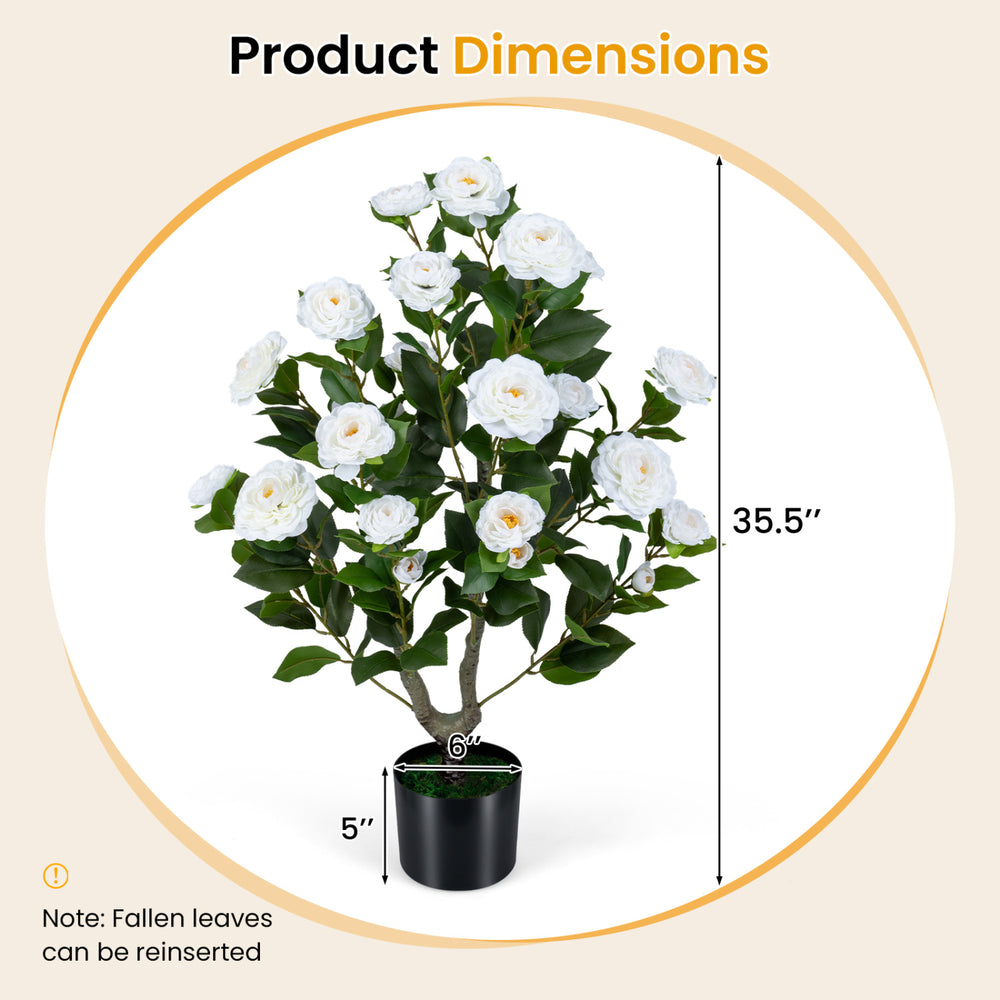 Artificial camellia tree with dense white flowers, 35.5" tall, in a cement-filled pot, ideal for indoor or outdoor.