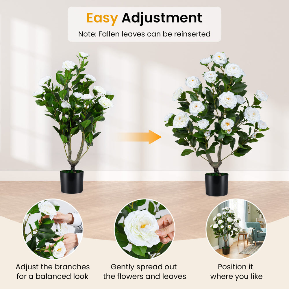 Artificial camellia tree with dense white flowers and leaves, 35.5" tall, ideal for indoor or outdoor decoration.