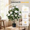 Artificial camellia tree with dense leaves and vivid flowers in a cement-filled pot, ideal for indoor and outdoor decor.