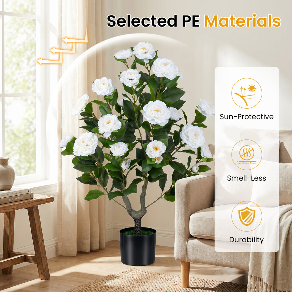 Artificial camellia tree with dense leaves and vivid flowers in a cement-filled pot, ideal for indoor and outdoor decor.