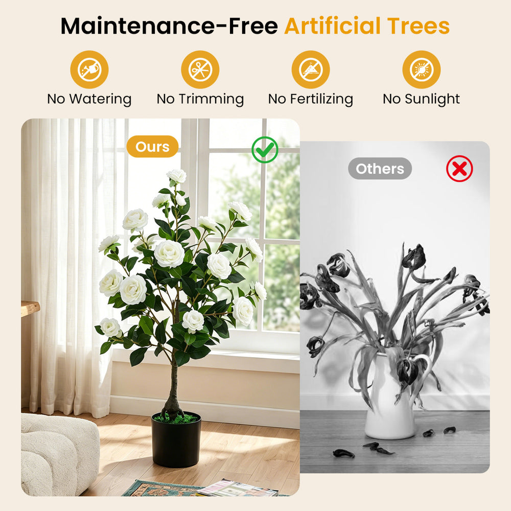 Artificial camellia tree with white flowers in a cement-filled pot, 35.5" tall, perfect for indoor or outdoor decor.