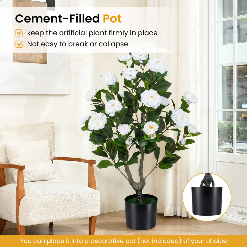 Cement-filled pot with a 35.5" artificial camellia tree featuring dense leaves and vivid flowers, ideal for indoor.