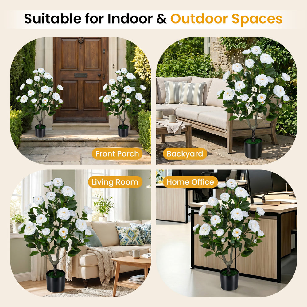 Artificial camellia tree with white flowers in a cement-filled pot, ideal for indoor and outdoor spaces like porches.