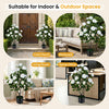 Artificial camellia tree with white flowers in a cement-filled pot, ideal for indoor and outdoor spaces like porches.