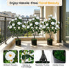 Two artificial camellia trees with white flowers in cement-filled pots, perfect for indoor or outdoor decoration.