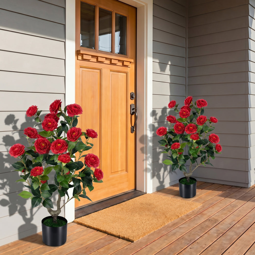 2-Pack Artificial Camellia Tree Faux Flower Plant in Cement-Filled Pot-Red - Gallery View 1 of 10