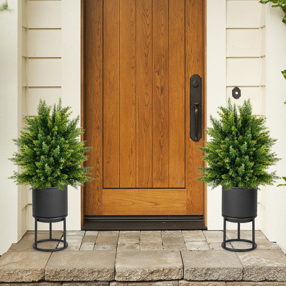 Two artificial cedar topiary ball trees in cement pots, vibrant greenery for easy home decoration by the front door.