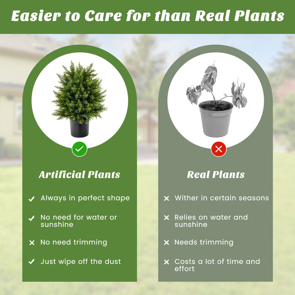 2-pack artificial cedar topiary ball trees in cement pots, vibrant leaves, easy maintenance for home decoration.