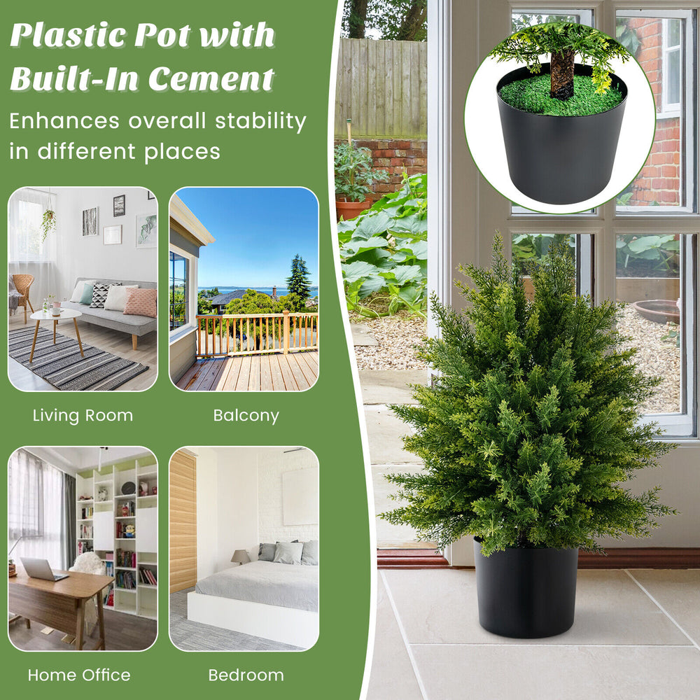 2-pack artificial cedar topiary ball trees in cement pots, ideal for living room, balcony, home office, and bedroom.