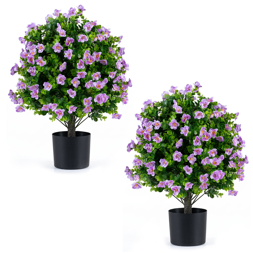 2 Pack Artificial Eucalyptus Topiary Trees with Flowers and Cement Planter for Home-Purple - Gallery View 1 of 1