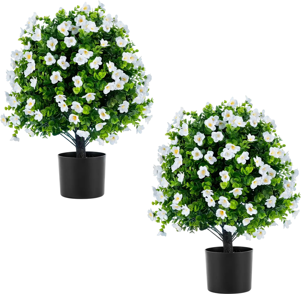 Two pack of artificial eucalyptus topiary trees with vibrant flowers in cement planters, perfect for home or office decor.