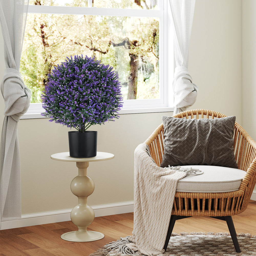 Artificial lavender topiary ball tree in a black pot, featuring vibrant purple flowers for home or office decor.