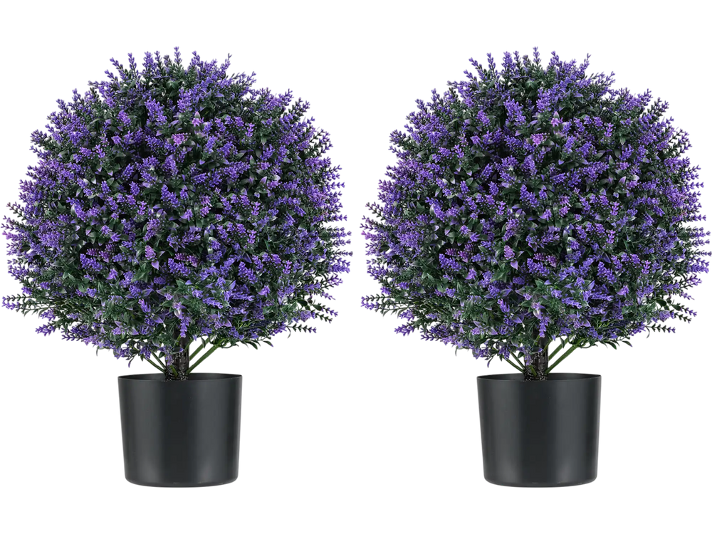 Two artificial lavender topiary ball trees in black pots, crafted from sun-proof PE material for vibrant, long-lasting.