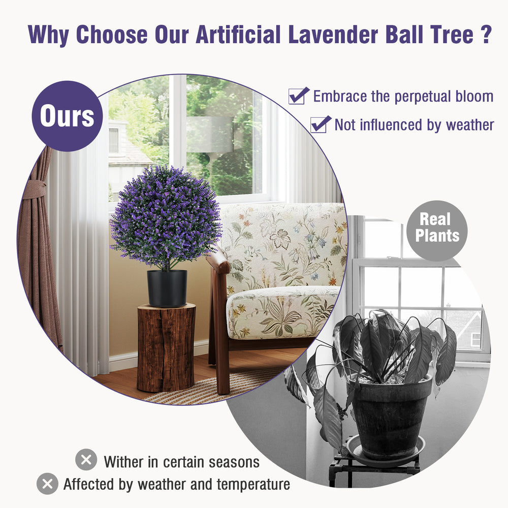 Artificial lavender topiary ball tree in a cement-filled pot, crafted from sun-proof PE material for lasting color.