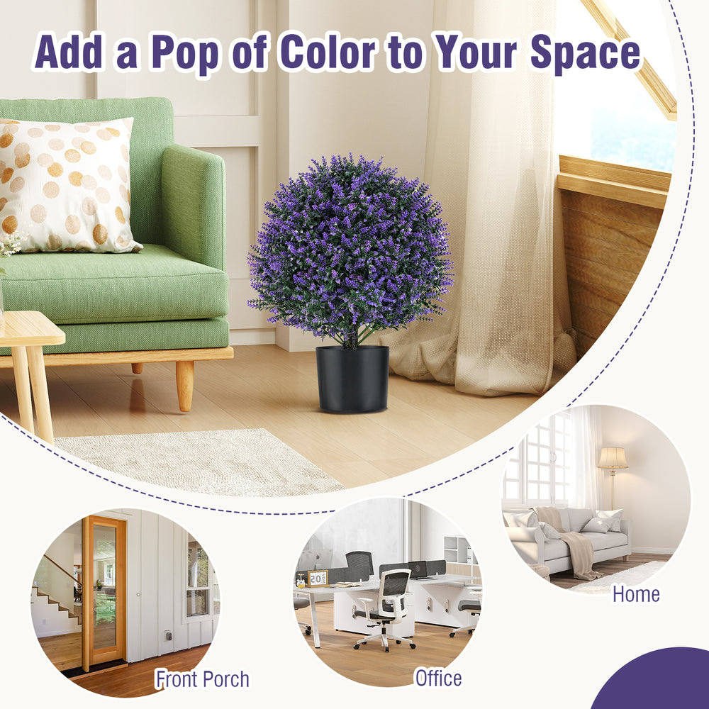 Purple artificial lavender topiary ball tree in a cement-filled pot, perfect for adding color to home or office decor.