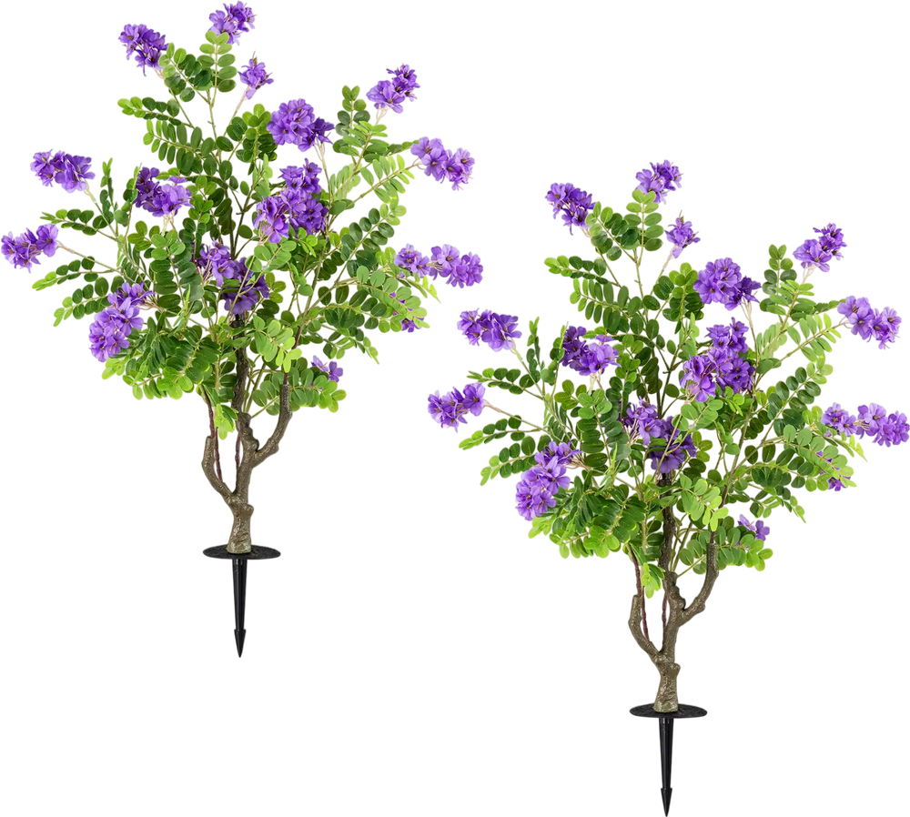 Two pack of 39-inch artificial locust flower trees with purple blooms and sturdy ground spikes for easy outdoor.