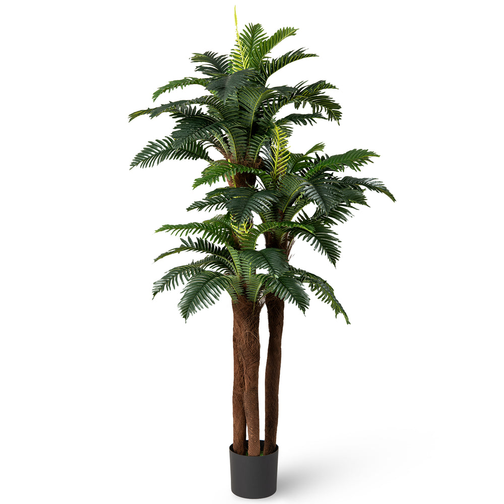 Lush 6.3 ft tall artificial palm tree with adjustable leaves and realistic fiber-wrapped bark for indoor decoration.