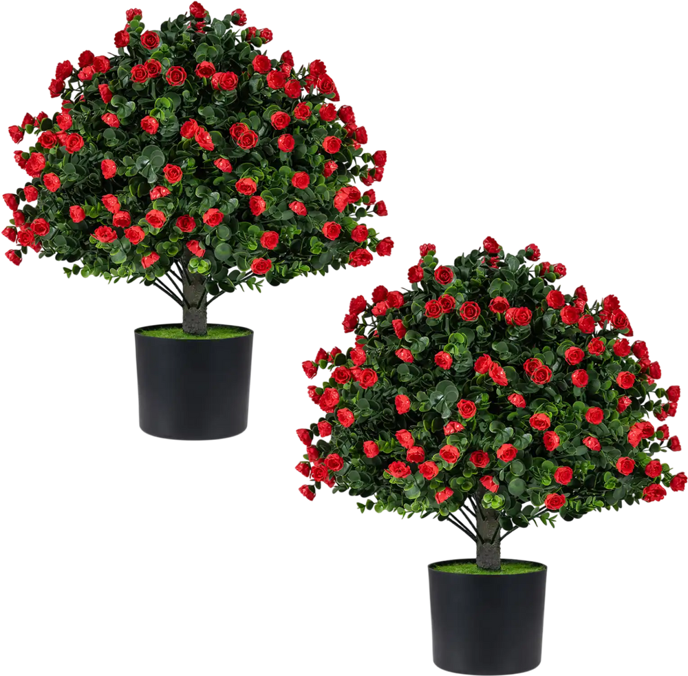 2 Pack Artificial Rose Topiary Ball Trees with PP Cement-Filled Flowerpot for Home