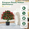 Artificial rose topiary ball tree with vibrant red roses and green leaves, perfect for home or garden decoration.