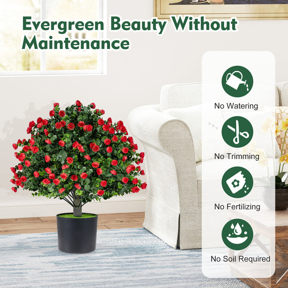 Artificial rose topiary ball tree with vibrant red roses and green leaves, perfect for home or garden decoration.