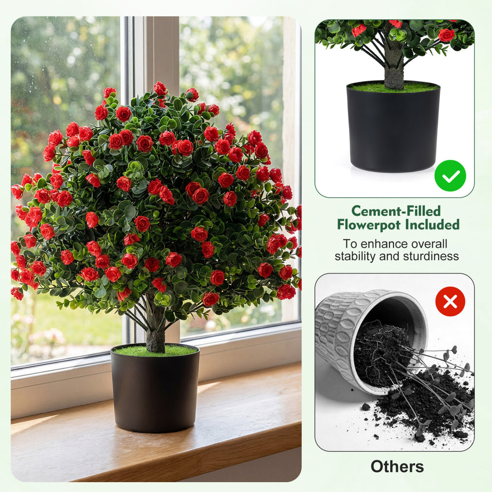 Artificial rose topiary ball tree with vibrant red roses in a cement-filled flowerpot, perfect for home or garden decor.