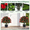 Vibrant red rose topiary ball trees in cement-filled pots, perfect for home or garden decoration with realistic trunks.