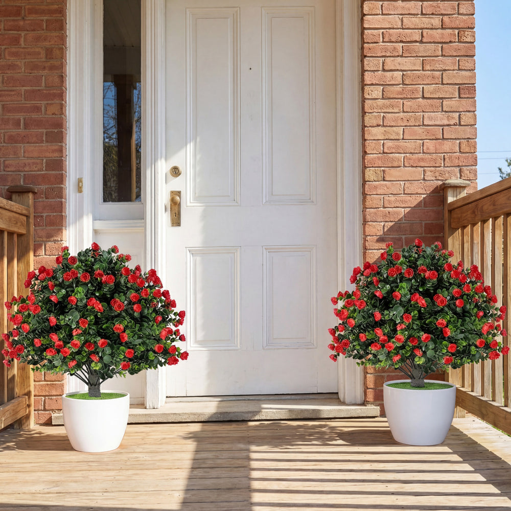 Vibrant red artificial rose topiary ball trees in white cement-filled pots, perfect for front porch or garden.