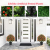 Artificial rose topiary ball tree with vivid red flowers and gradient green leaves, perfect for front porch decoration.