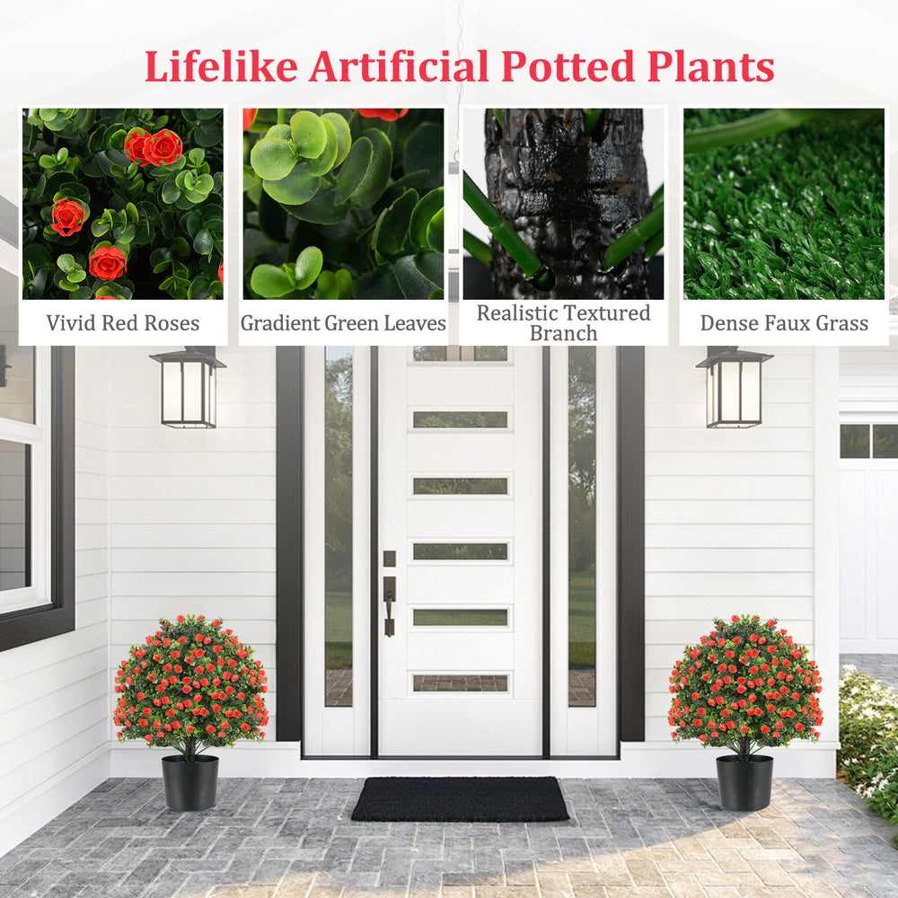 Artificial rose topiary ball tree with vivid red flowers and gradient green leaves, perfect for front porch decoration.