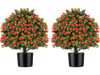 Two pack of artificial rose topiary ball trees with red flowers and green leaves, perfect for home or office decor.