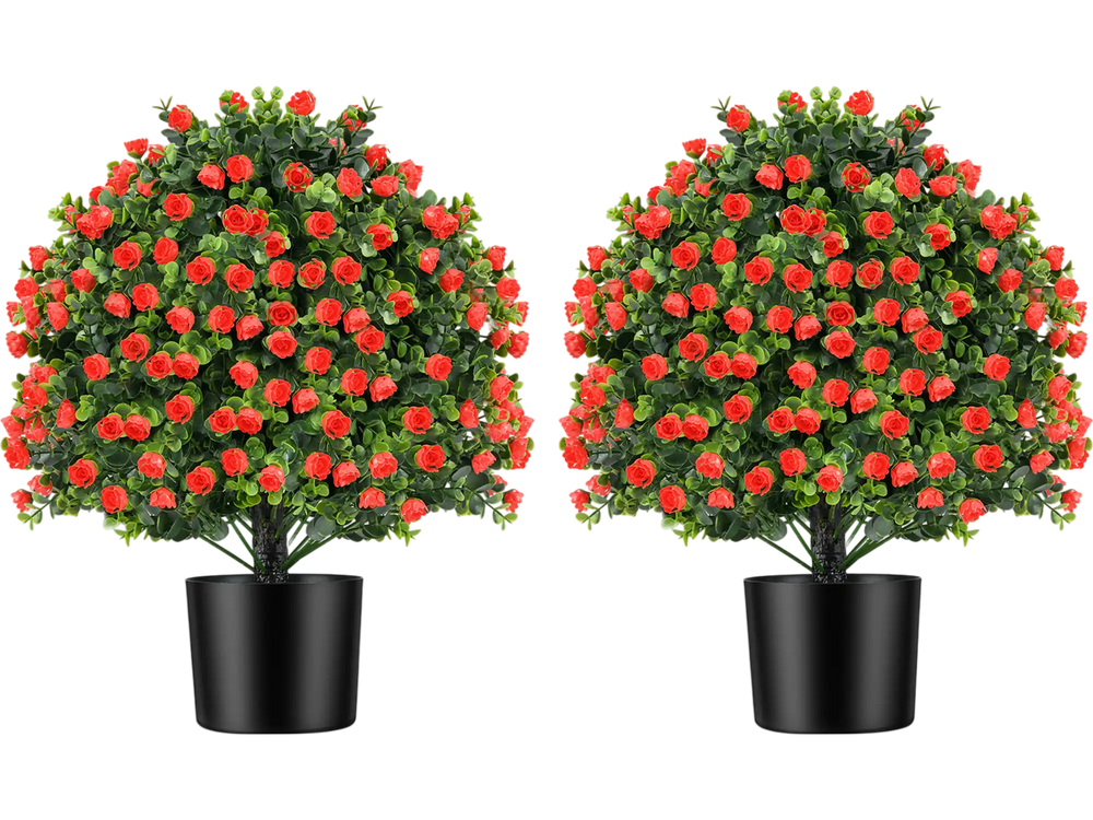 Two pack of artificial rose topiary ball trees with red flowers and green leaves, perfect for home or office decor.