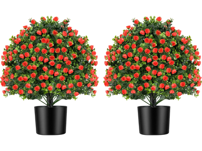 Costway 2 Pack Artificial Rose Topiary Ball Tree Faux Shrub Bushes with Flowers 736281459 New