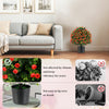 Artificial rose topiary ball tree with vibrant red flowers and green leaves, perfect for home or office decor.