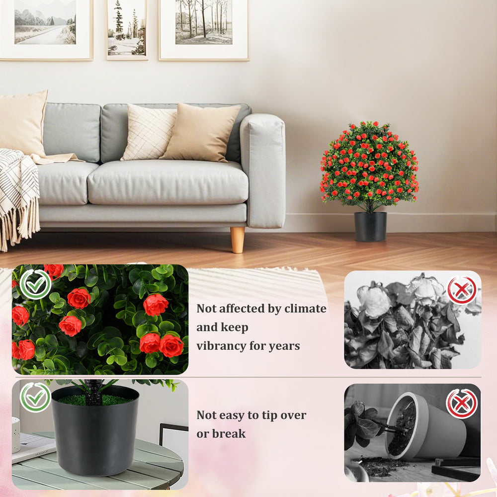 Artificial rose topiary ball tree with vibrant red flowers and green leaves, perfect for home or office decor.