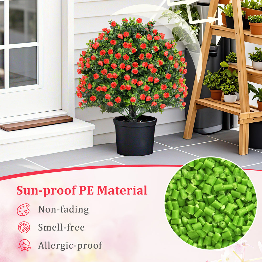 Artificial rose topiary ball tree with vibrant red flowers and green leaves, made of sun-proof PE material for outdoor.