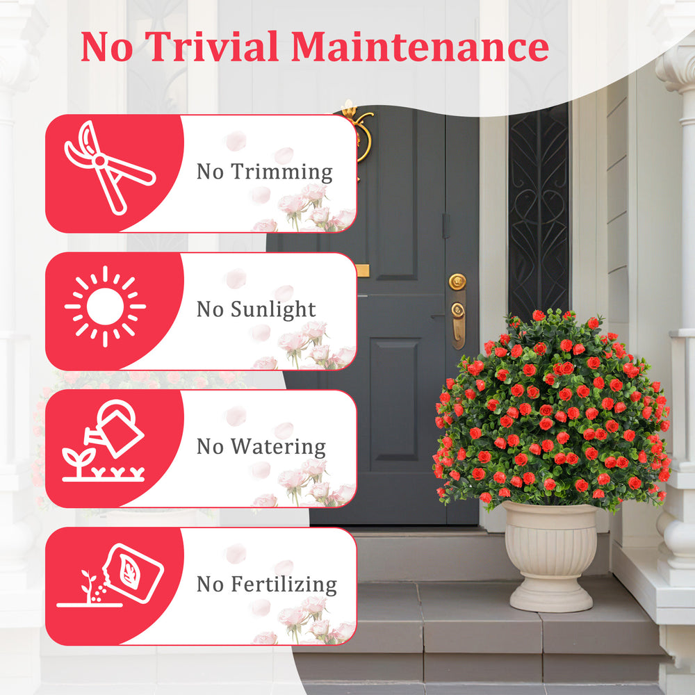 Artificial red rose topiary ball tree in a cement base, requiring no maintenance, perfect for front porch decoration.