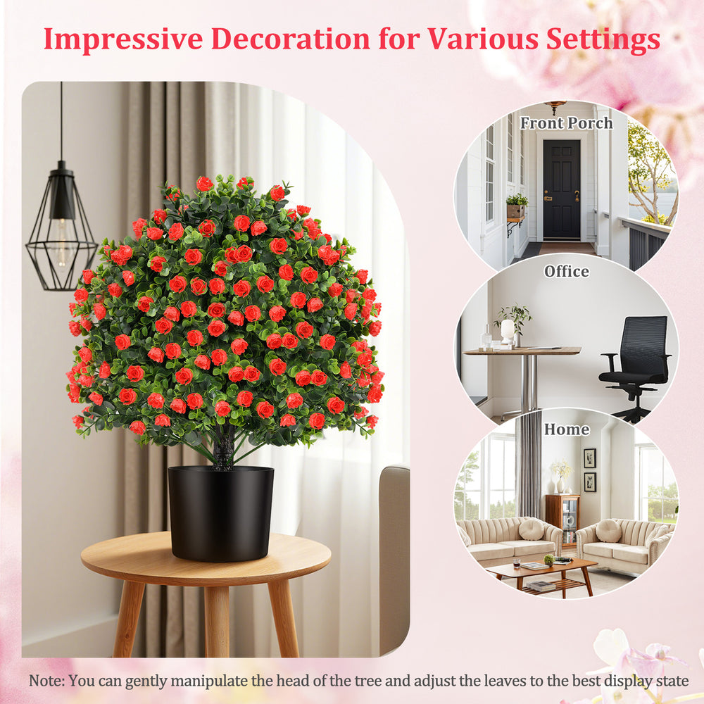 Artificial rose topiary ball tree with red flowers and green leaves, perfect for home, office, or front porch.