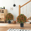 Two artificial rose topiary ball trees with red flowers and green leaves, perfect for home or office decor.