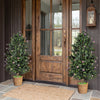 Two potted artificial topiary cone trees with 49 purple flowers, perfect for enhancing entryways or living spaces.