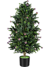 Artificial topiary cone tree with 49 purple flowers in a sturdy black pot, perfect for enhancing indoor or outdoor.