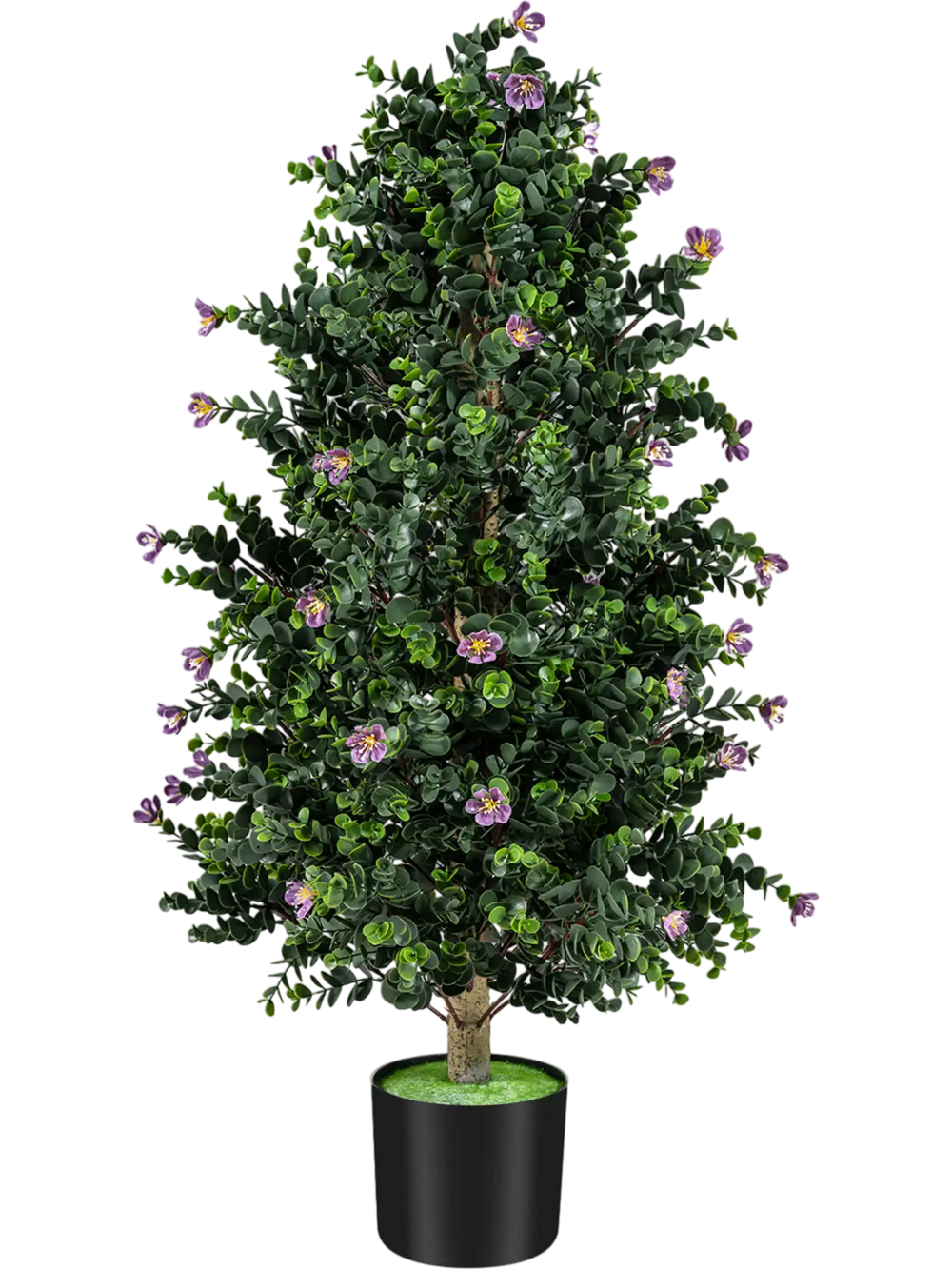 Artificial topiary cone tree with 49 purple flowers in a sturdy black pot, perfect for enhancing indoor or outdoor.